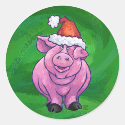 Festive Pig in Santa Hat on Green Classic Round Sticker