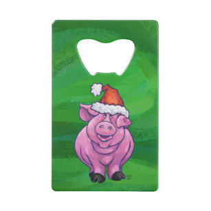 Festive Pig in Santa Hat on Green Credit Card Bottle Opener