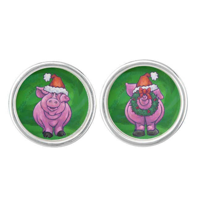 Festive Pig in Santa Hat on Green Cufflinks (Front)