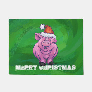 Festive Pig in Santa Hat on Green Doormat