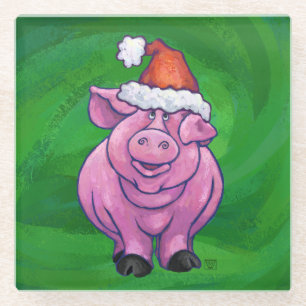 Festive Pig in Santa Hat on Green Glass Coaster