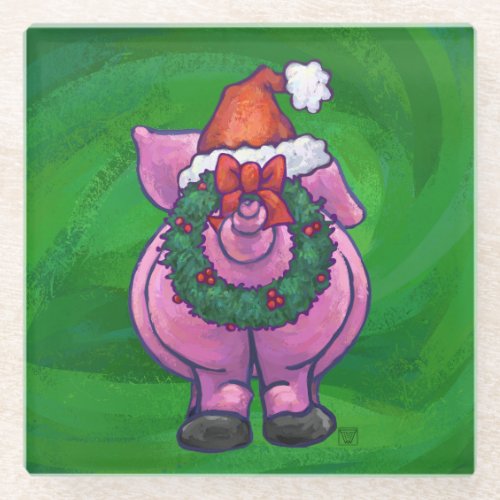 Festive Pig in Santa Hat on Green Glass Coaster