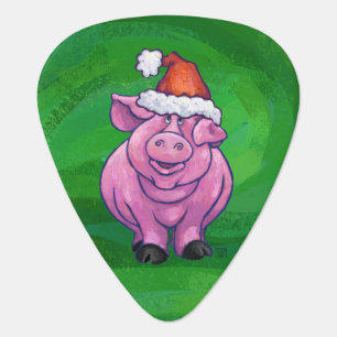 Festive Pig in Santa Hat on Green Guitar Pick