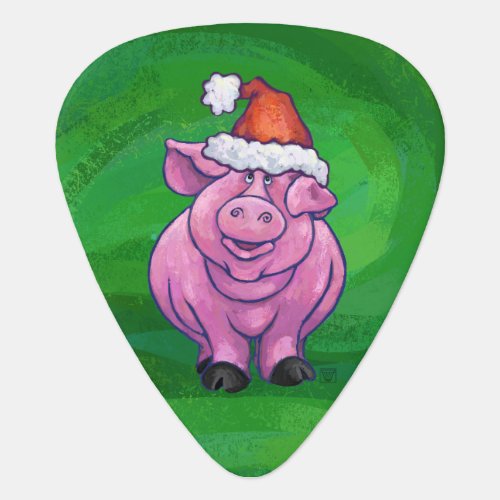 Festive Pig in Santa Hat on Green Guitar Pick