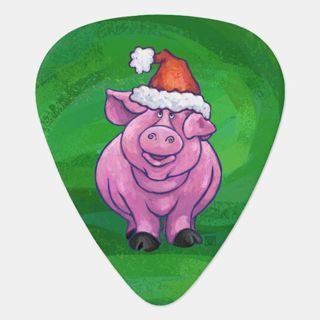 Festive Pig in Santa Hat on Green Guitar Pick (Front)