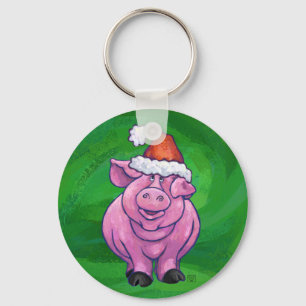 Festive Pig in Santa Hat on Green Keychain