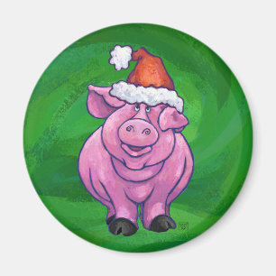 Festive Pig in Santa Hat on Green Magnet