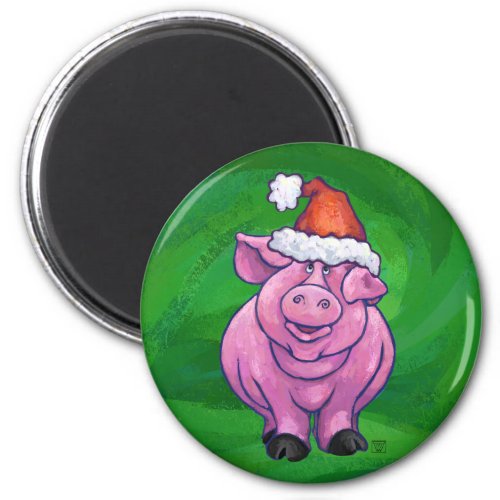 Festive Pig in Santa Hat on Green Magnet