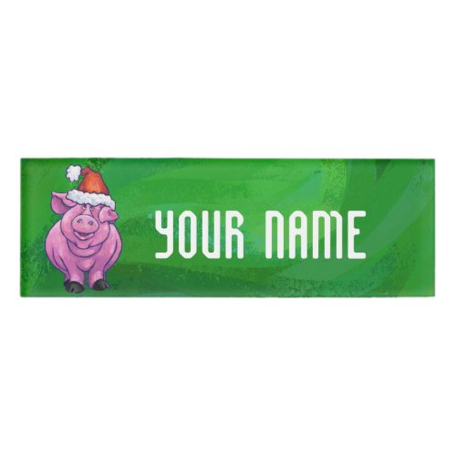 Festive Pig in Santa Hat on Green Name Tag