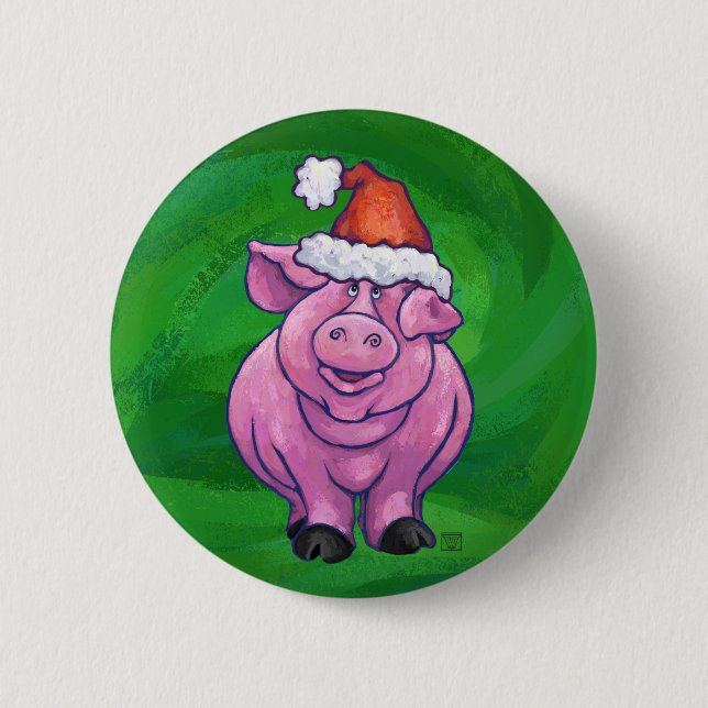 Festive Pig in Santa Hat on Green Pinback Button (Front)