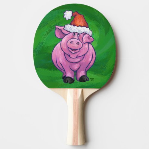 Festive Pig in Santa Hat on Green Ping Pong Paddle