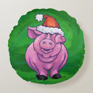 Festive Pig in Santa Hat on Green Round Pillow