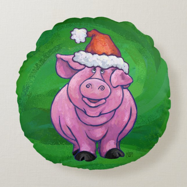 Festive Pig in Santa Hat on Green Round Pillow (Front)