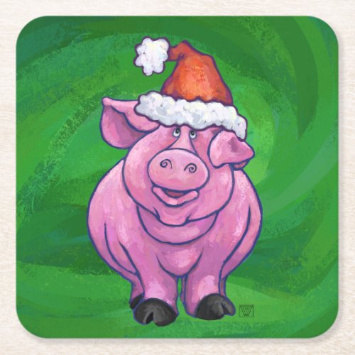 Festive Pig in Santa Hat on Green Square Paper Coaster