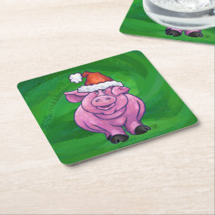 Festive Pig in Santa Hat on Green Square Paper Coaster