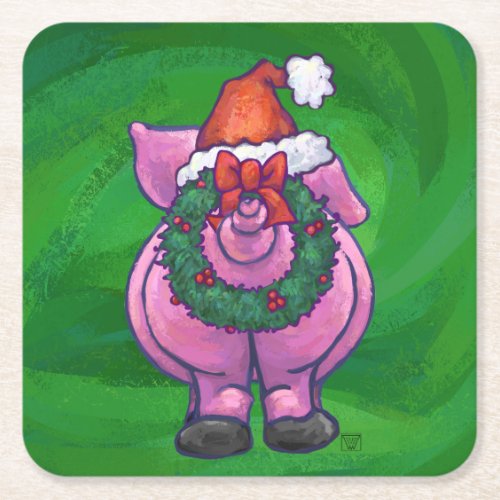 Festive Pig in Santa Hat on Green Square Paper Coaster