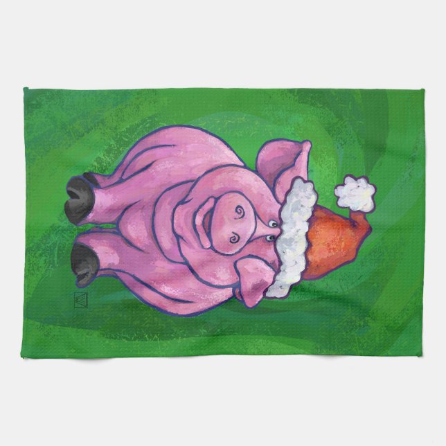 Festive Pig in Santa Hat on Green Towel (Horizontal)