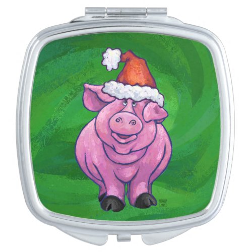 Festive Pig in Santa Hat on Green Vanity Mirror