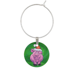 Festive Pig in Santa Hat on Green Wine Glass Charm