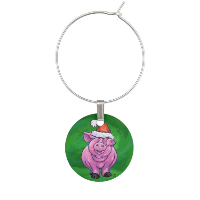 Festive Pig in Santa Hat on Green Wine Glass Charm (Front)