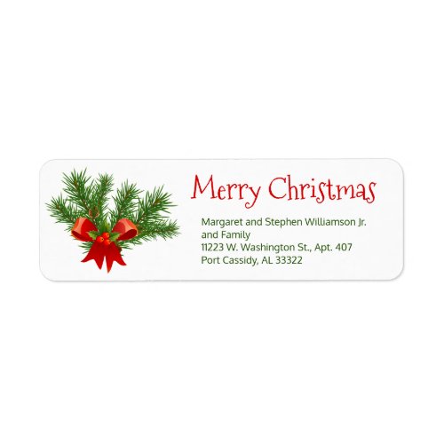 Festive Pine Bough Holly Bow Christmas Red Green Label