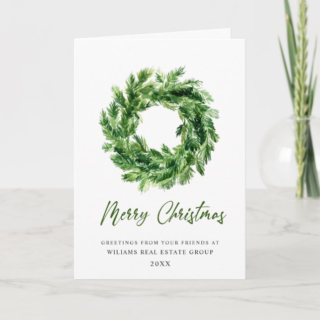 Festive Pine Branch Wreath Christmas Corporate Holiday Card (Front)