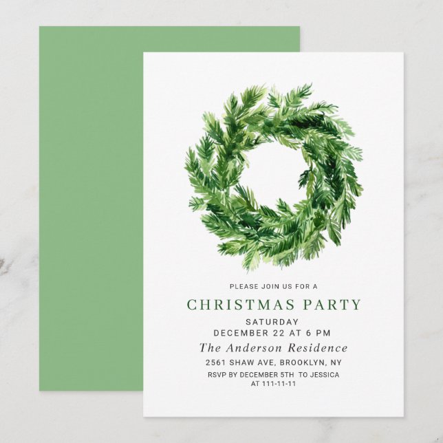 Festive Pine Branch Wreath Christmas Holiday Party Invitation (Front/Back)