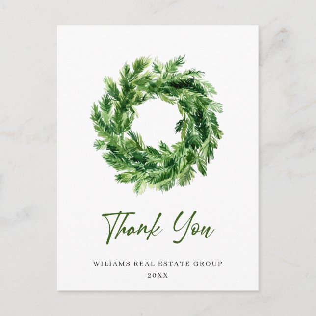 Festive Pine Branch Wreath Christmas Thank You Postcard (Front)