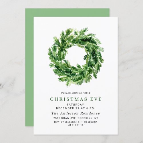 Festive Pine Branch Wreath Holiday CHRISTMAS EVE Invitation