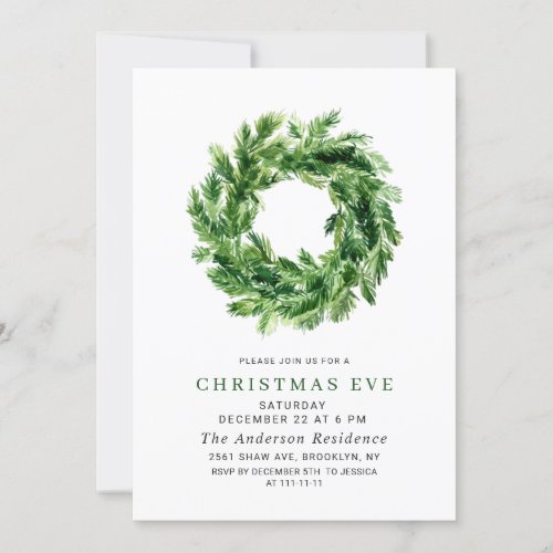 Festive Pine Branch Wreath Holiday CHRISTMAS EVE Invitation