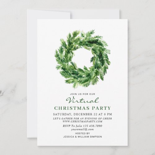 Festive Pine Branch Wreath VIRTUAL Christmas Party Invitation