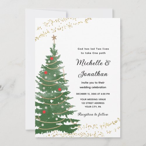 Festive Pine Christmas Tree Star Christian Wedding Invitation