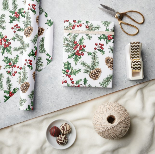 Festive Pine Cone and Cherries Christmas Holiday  Wrapping Paper (Crafts)