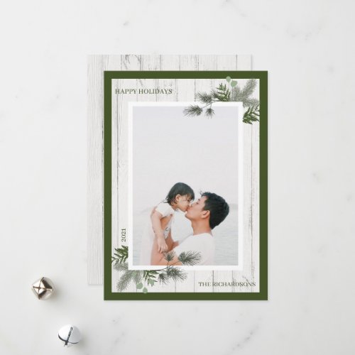 Festive Pine  Rustic White Wooden Shiplap Photo Holiday Card