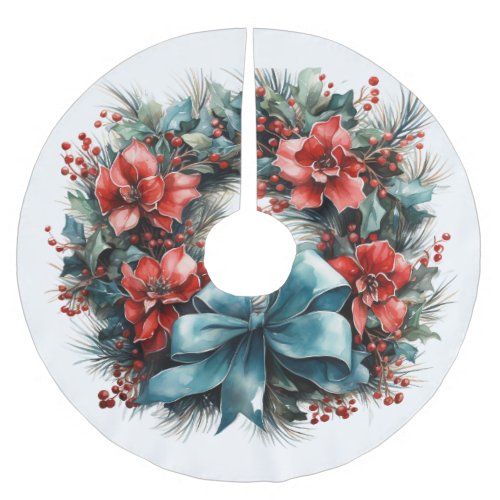 Festive Pine Wreath with Holly Christmas Brushed Polyester Tree Skirt