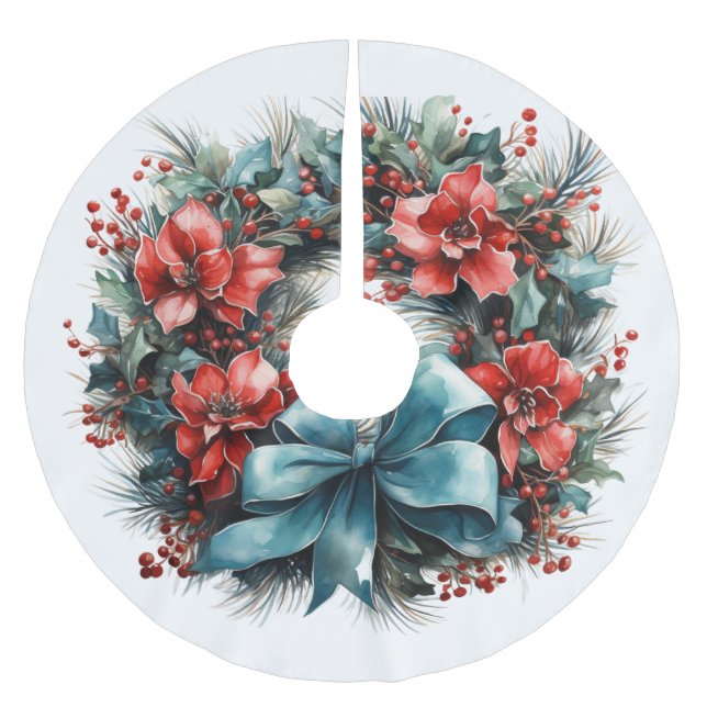 Festive Pine Wreath with Holly Christmas Brushed Polyester Tree Skirt (Front)