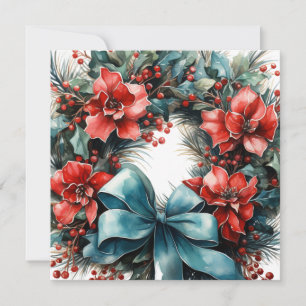 Festive Pine Wreath with Holly Christmas Invitation