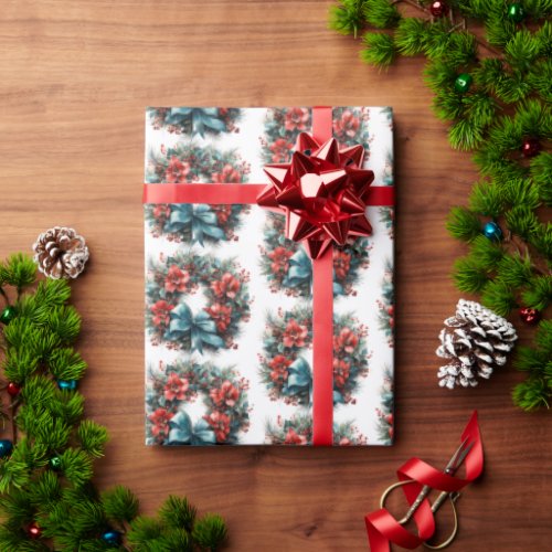 Festive Pine Wreath with Holly Christmas Wrapping Paper
