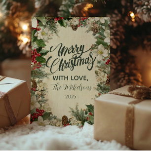 Festive Pinecone and Holly Christmas Holiday Card