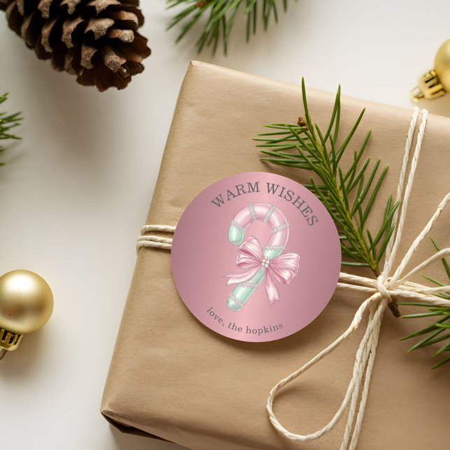 Festive Pink and Green Glitter Shiny Candy Cane Classic Round Sticker (Creator Uploaded)