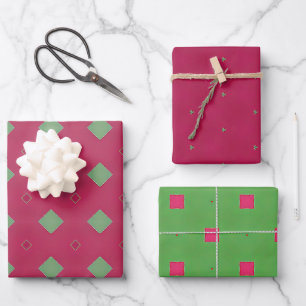 Festive Pink and Green Vibrant Geometric Wrapping Paper Sheets