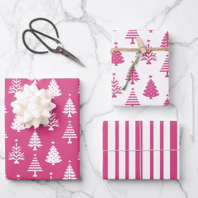 Festive Pink and White Christmas Tree Pattern Wrapping Paper Sheets (Front)