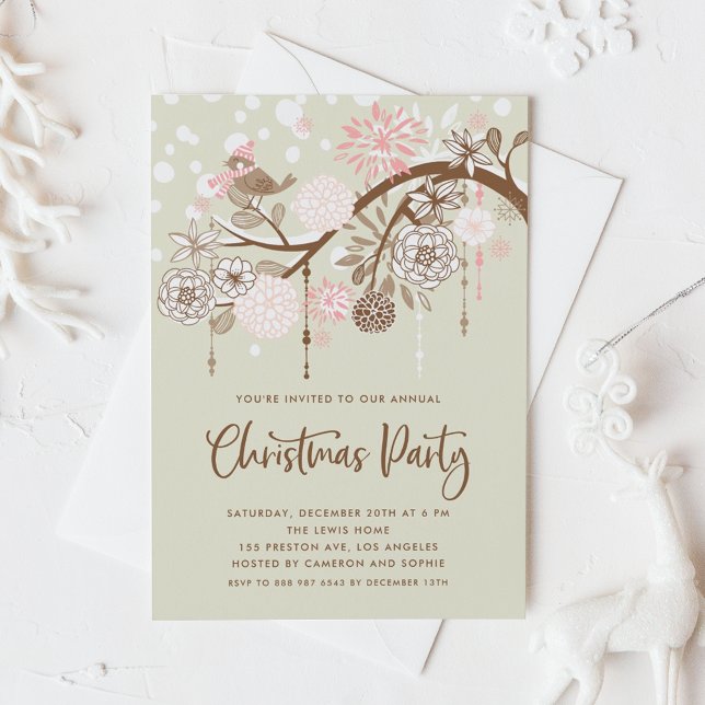 Festive Pink Bird and Flowers Christmas Party Invitation (Creator Uploaded)