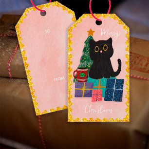 Festive Pink Black Cat Coffee Christmas Holiday Gift Tags