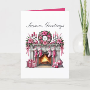 Festive pink Christmas fireplace add message Holiday Card