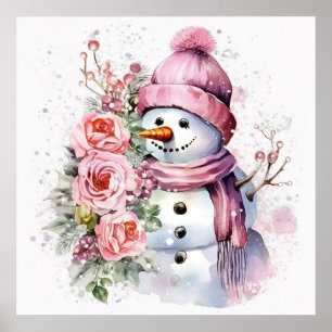Festive pink Christmas snow woman Poster