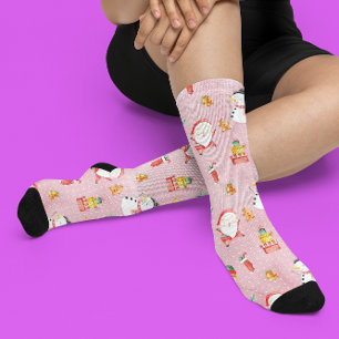 Festive Pink Christmas Snowman Santa pattern Socks