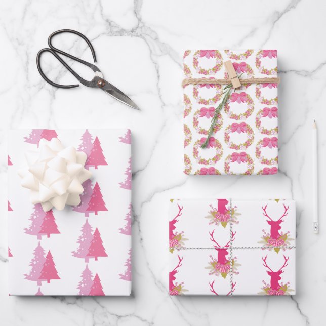 festive pink Christmas tiled pattern Wrapping Paper Sheets (Front)
