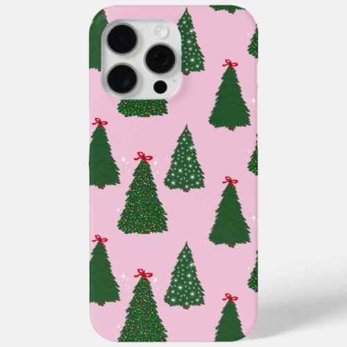 Festive Pink Christmas Tree Pattern iPhone 15 Pro Max Case