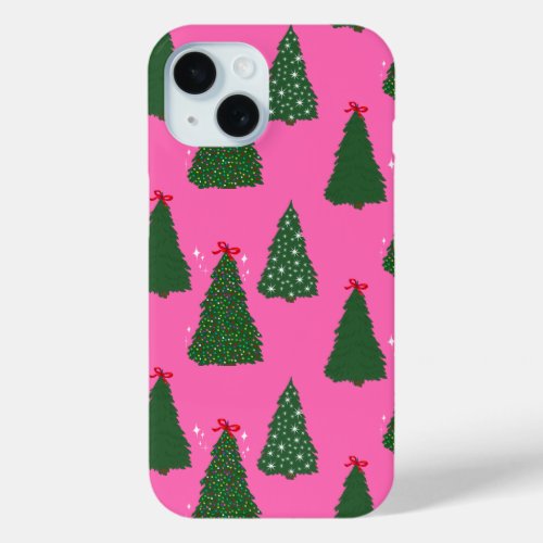 Festive Pink Christmas Tree Pattern iPhone 15 Case